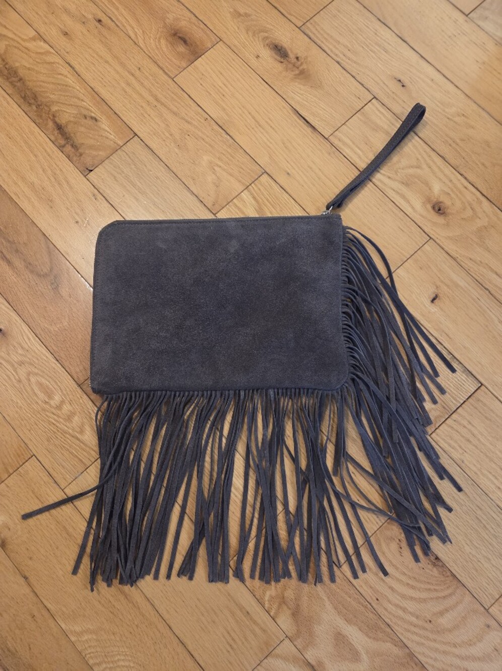 Garuglieri Gray Suede Fringe Wristlet Clutch
